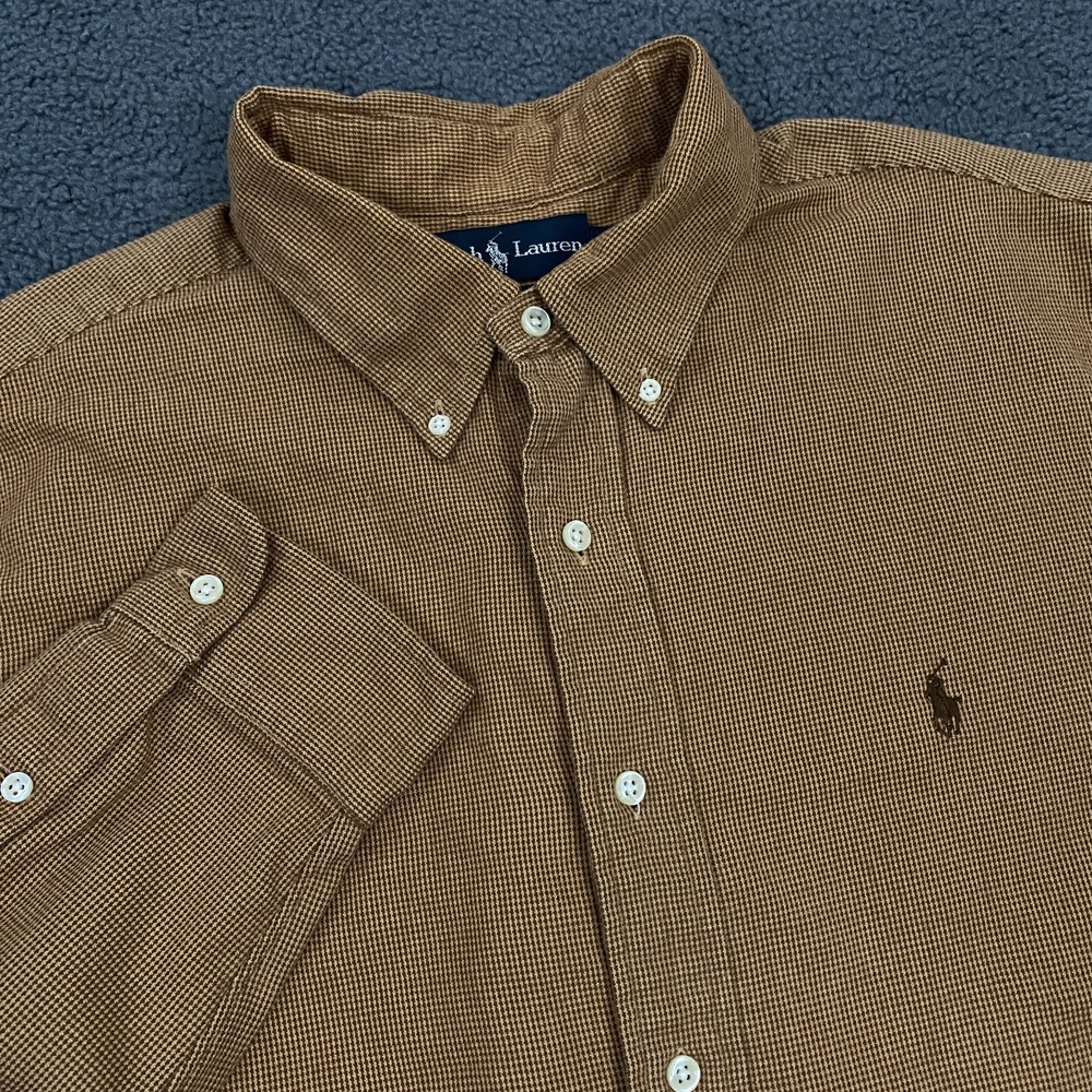 Ralph Lauren Shirt Mens XL Brown Tan Flannel Houndstooth Button Down Pony